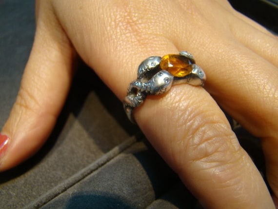 Unique Sterling Silver 4 headed snake ring with Citrine Topaz and diamonds