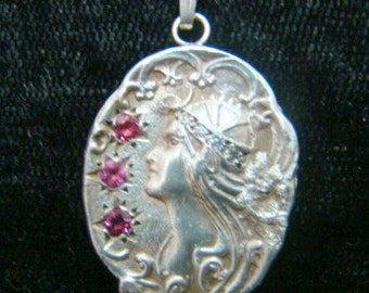 Stunning Sterling Silver Art Nouveau style pendant with genuine diamonds and pink tourmalines