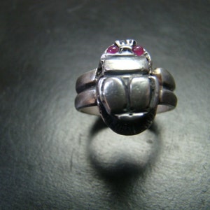 Beautiful Egyptian Style Sterling Silver Scarab ring set with genuine rubies