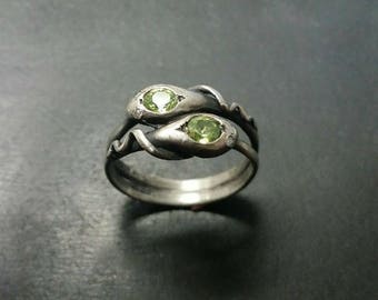 Classic Sterling Silver Double headed Antique Style Snake Ring with Peridots and Diamonds