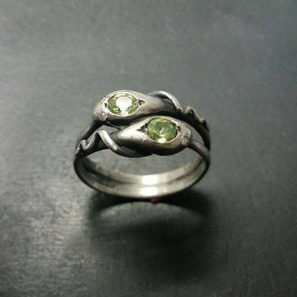 Classic Sterling Silver Double headed Antique Style Snake Ring with Peridots and Diamonds