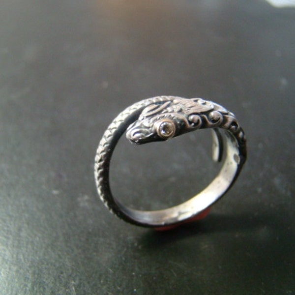 Amazingly detailed Sterling Silver and 14k gold snake ring with genuine diamond eyes