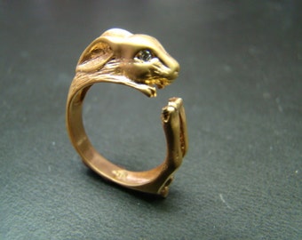 14K Gold Rabbit Ring with Diamond Eyes, Animal Jewelry