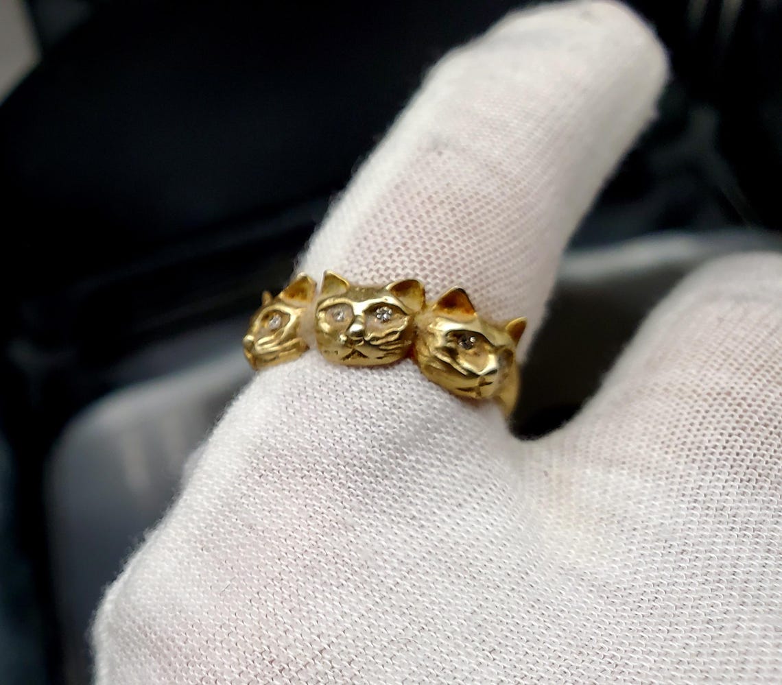 Adorable 14K Gold Three Cat Ring With Diamonds - Etsy