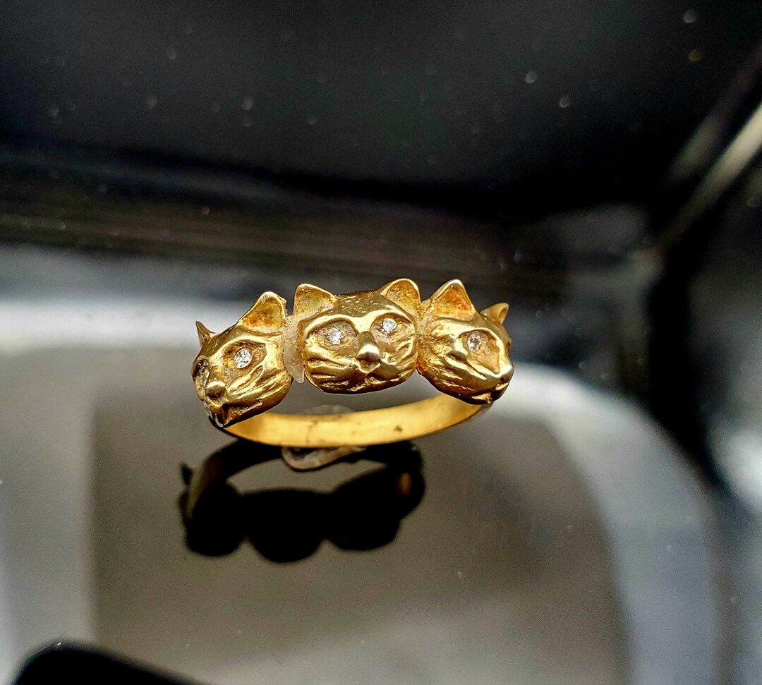 Adorable 14K Gold Three Cat Ring With Diamonds - Etsy