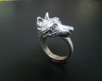 Beautiful and Regal Sterling Silver Wolf ring with diamond eyes