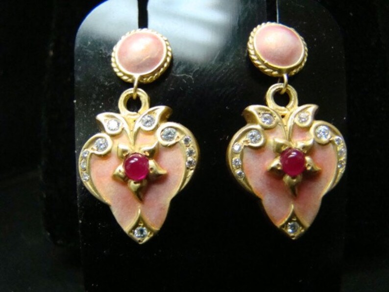 18K Gold Gorgeous peachy/pink Enamel heart earrings with diamonds and rubies image 1