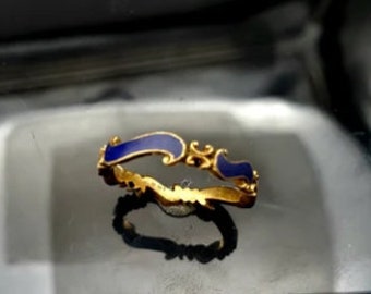 14K Gold Royal Blue Enamel Band Ring, Art Nouveau Style (Size 5)