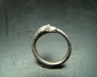 Sterling Silver and 14k Gold Snake ring with diamond eyes