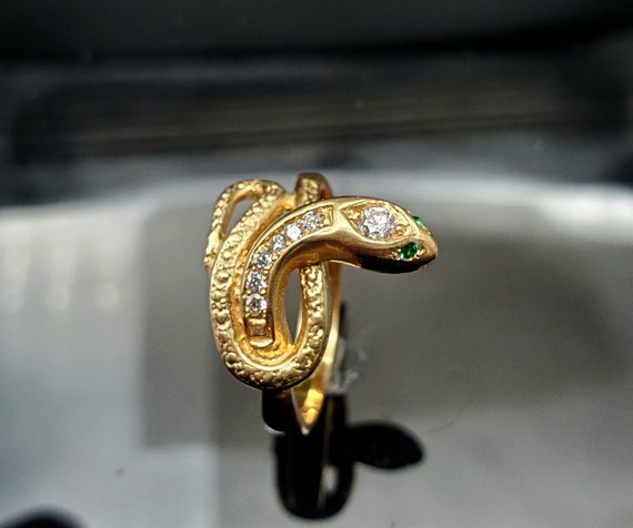 14K Gold Snake Ring with Diamonds and Emerald Eyes