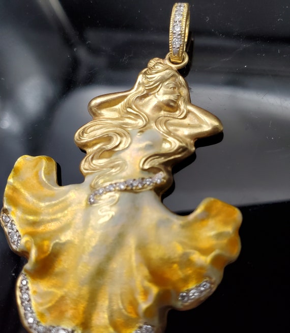 Pendentif Art Nouveau Vintage - Or 18k Plaque émaillée Jeune Fille - Collier Mi-long