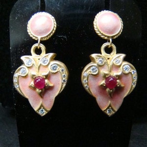 18K Gold Gorgeous peachy/pink Enamel heart earrings with diamonds and rubies image 3