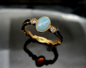 Stunning 18K Gold Opal and Diamond Enamel Ring