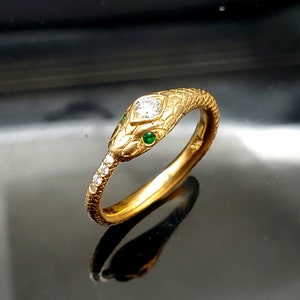 Incredible 14K Gold Ouroboros Snake ring with Diamonds and Emeralds