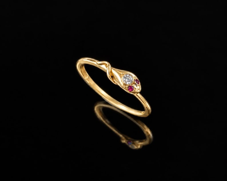 Very sweet 14K gold snake ring with diamond and ruby eyes image 1