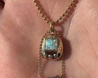 Handmade Sterling Silver or Solid Gold Tamagotchi Charm, Princess Cut Gemstone & Lab Diamond Accents