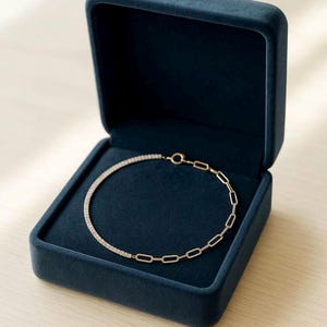 Handmade 14K Solid Yellow Gold Natural or Lab Grown Diamond Paperclip Chain Tennis Bracelet 7.5 Inches Adjustable