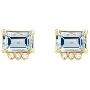 Handmade 14K Solid Yellow Gold ‘Starry Night’ Stud Earrings with Natural Sky Blue Topaz and 0.04 Carats of Natural Diamonds