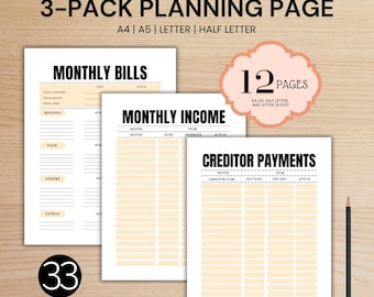 3 Page Bundle Monthly Bills Income Creditor Payment Planning Goal Setting Time Debt Management Printable 12 Files Budgeting Digital Download
