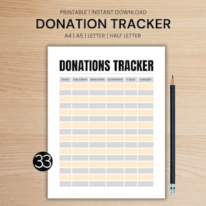 May include: Printable donation tracker with columns for date, location, donation, condition, value, and logged. The tracker has a gray and yellow color scheme.