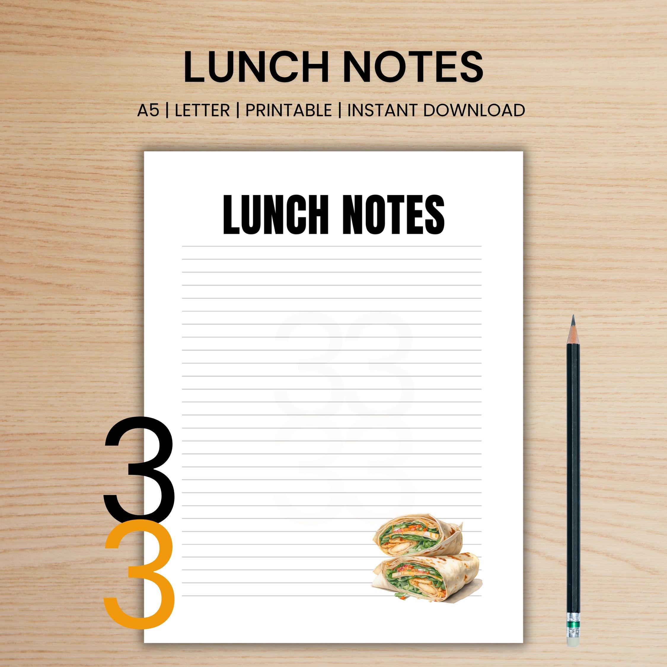 Dining Notes Lunch Notes Printable Page for Recipes Meal Planning Binder and Kitchen ...