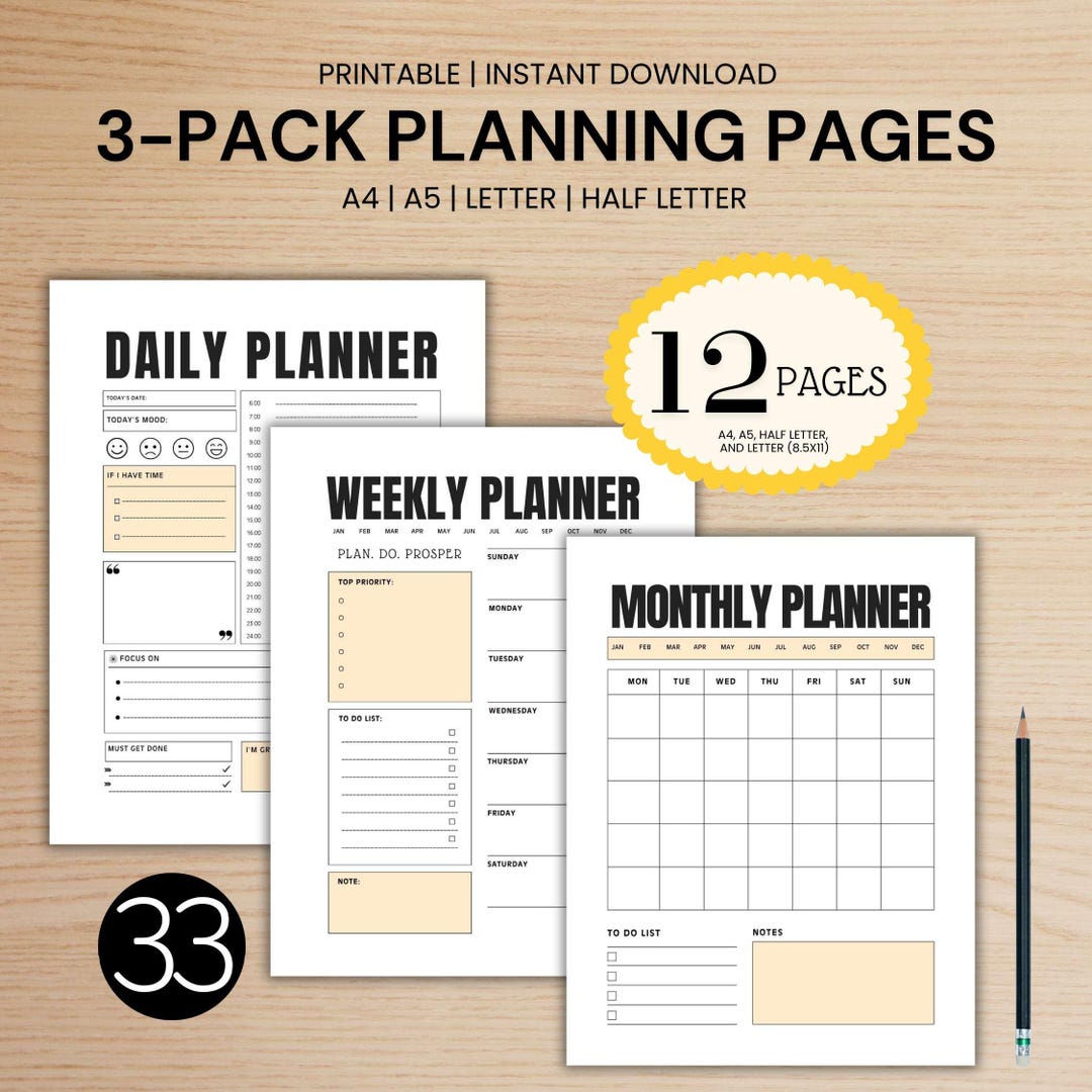 Daily Weekly Monthly 3 Set Planning Pages 12 Printable Sizes Undated ...