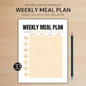 Puede incluir: Un plan de comidas semanal imprimible en una hoja de papel blanca con un fondo de madera. El plan incluye secciones para el desayuno, el almuerzo, la cena y los refrigerios, con los días de la semana enumerados. Un lápiz está colocado en el lado derecho del papel.