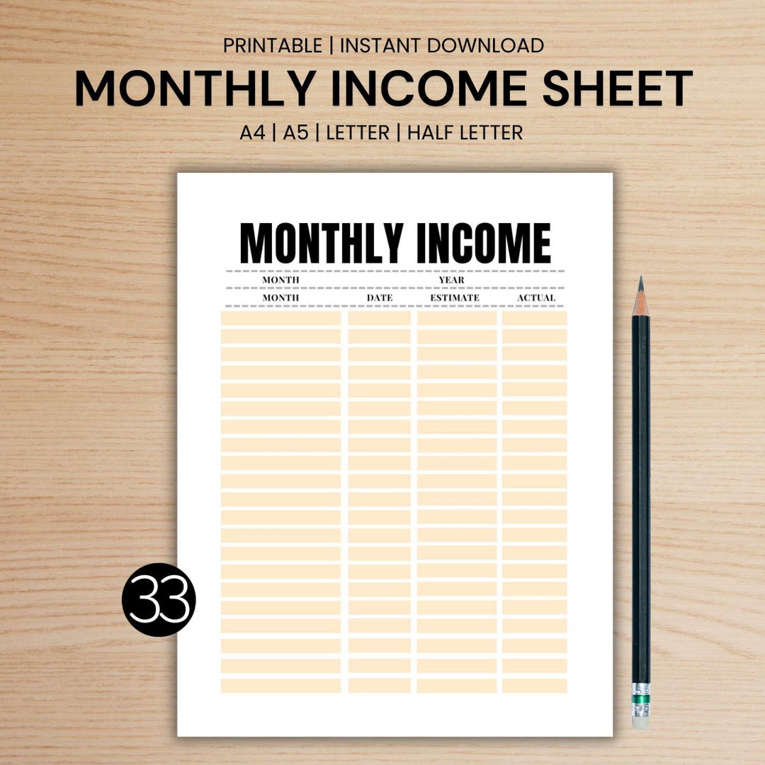 Extra Income Prinatable Monthly Income Financial Printable 4 Sizes A4 A5 Letter Half Letter ...