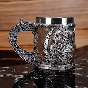 Valhalla Viking MUG Stainless Steel Norse Viking Barrel Warrior Horn Tankard Beer Mug Tankard Stein Cup 400ml