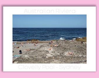 Sunbaking at Clovelly Ocean Pool, Sydney - surf, nature, swimming, concrete. A photographic fine art print poster of the Australian Riviera