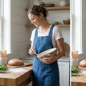 Puede incluir: Una mujer con un delantal azul en una cocina, sosteniendo una cuchara de madera y un cuenco de cerámica. Una hogaza de pan está sobre una encimera de madera espolvoreada con harina. Estantes con cuencos y una ventana están en el fondo.