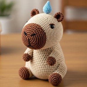 Op de afbeelding: Een handgemaakt gehaakt capybaraknuffel. Het speelgoed is beige met bruine accenten op het gezicht, de oren en de voeten. Het heeft zwarte ogen en een kleine blauwe druppel op zijn hoofd. De capybara zit op een houten oppervlak.