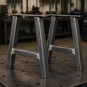Könnte beinhalten: Zwei Tischbeine aus rohem Stahl mit A-Rahmen-Design. Die Beine bestehen aus dickem, rechteckigem Metallrohr und haben ein natürliches, unfertiges Aussehen. Die Beine sind so konzipiert, dass sie robust und langlebig sind und sich für verschiedene Tischprojekte eignen.