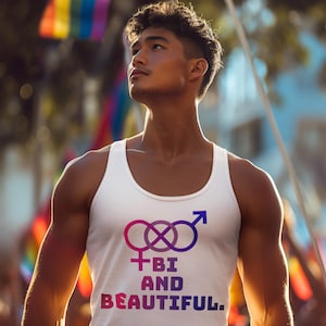 Bi and Beautiful Tank Top – Bisexual Pride Muscle Shirt – Bi Flag LGBTQ Gym Shirt – Queer Festival Shirt Men – Sleeveless Pride Top – Gift