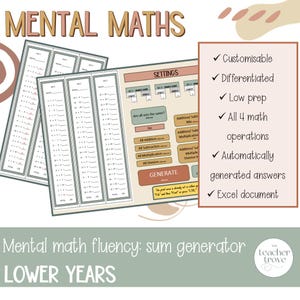 May include: A printable worksheet for generating mental math problems for lower elementary students. The worksheet is customizable and includes addition, subtraction, multiplication, and division problems. The worksheet is labeled "Mental Maths" and "Lower Years".