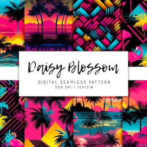 May include: A set of 12 digital seamless patterns featuring a tropical theme with palm trees, flamingos, and geometric shapes in bright pink, blue, yellow, and black colours. The patterns are titled "Daisy Blossom" and are 300 DPI, 12x12 inches.