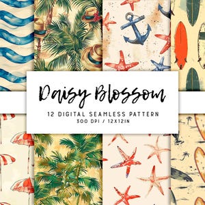 Puede incluir: Un conjunto de 12 patrones digitales sin costuras que presentan varios temas de verano, incluyendo palmeras, conchas marinas, anclas, tablas de surf y sombrillas. Los patrones están en un estilo de acuarela y son perfectos para crear proyectos con temática de verano.