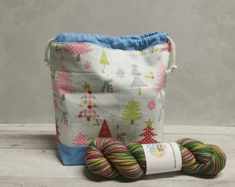Bolsa para proyecto de tejido, pequeña bolsa con cordón para calcetín navideño, chal, maravillas invernales navideñas