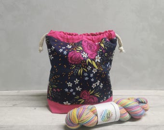 Bolsa para proyecto de tejido, pequeña bolsa con cordón para calcetín con diseño floral.