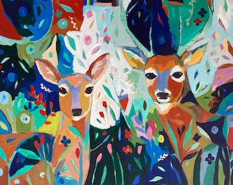 Doe and Buck: Large Abstract Nature Painting