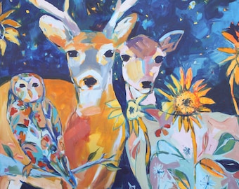 Holding Onto Wonder: Art Print of Original Painting of Buck and Doe