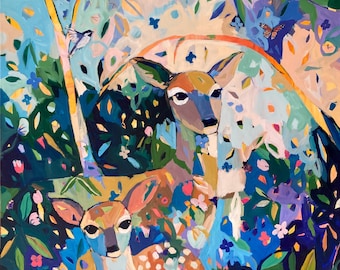Loved: Large Abstract Doe and Fawn Painting