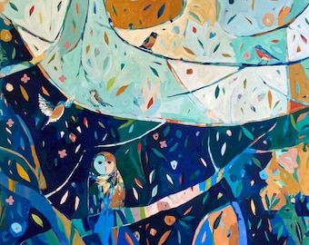 Wonders in the Woods: Large Original with owl, bluebirds, and rabbit.