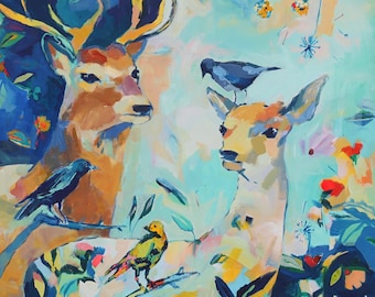 Steady: Art Print of Original Painting of Buck and Doe