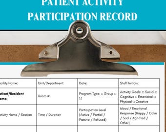 Printable Resident and Patient Activity Participation Log, PDF Recreation Therapy Form, LTC Rehab Documentation Sheet, Nurse Printable PDF
