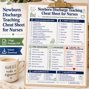 May include: A printed Newborn Discharge Teaching Cheat Sheet for Nurses on a clipboard, featuring seven sections including checklists for discharge, parent teaching topics, feeding, safe sleep, red flags, documentation tips, and teach-back questions.