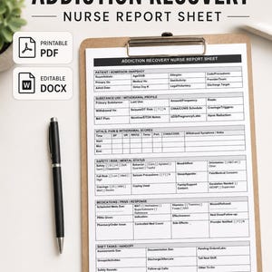 Op de afbeelding: Een verpleegkundig rapportformulier voor verslavingsherstel op een klembord met een zwarte pen. Het document bevat secties voor patiëntgegevens, middelengebruik, vitale functies, veiligheid, medicatie en diensttaken. Inclusief PDF- en DOCX-pictogrammen.