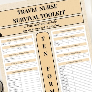 May include: A printable "Travel Nurse Survival Toolkit" with 10 forms to help nurses succeed. The forms include checklists, trackers, and organizers. The text on the forms is in black. A stethoscope and a coffee cup are visible in the image.
