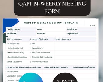 Plantilla para reuniones quincenales de QAPI para supervisores de enfermería / Formato editable en Canva y PDF imprimible / Formulario de seguimiento de la mejora de la calidad en el sector sanitario
