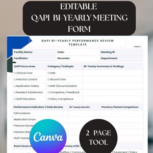 Könnte beinhalten: Eine Vorlage für eine halbjährliche Leistungsbeurteilung mit dem Text "EDITABLE QAPI BI-YEARLY MEETING FORM". Das Formular enthält Abschnitte für den Namen der Einrichtung, das Datum und Leistungskennzahlen. Ein Canva-Logo und "2 PAGE TOOL" sind ebenfalls sichtbar.